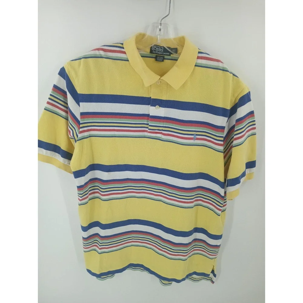 Polo‎ Ralph Lauren Mens XLT Tall Yellow Multi Color Striped Pique Polo Shirt
